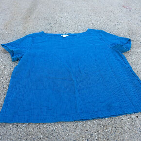 Eileen Fisher Organic Cotton Teal Boxy Top Boat Neck Minimalist Women’s M - Picture 4 of 7